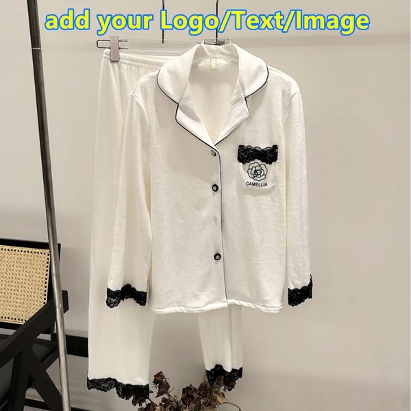 Custome premium feel Island velvet Camellia pajamas with Lace embroidery set luxury design home clothing thermal Pjs set