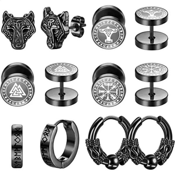 6Pairs Set 18G Viking Rune Round Stud Earrings for Women Men 316L Stainless Steel Cartilage Tragus Helix Piercing Jewelry 250427