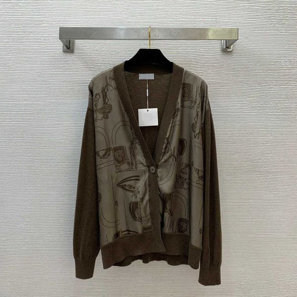 Women's Knits & Tees designer spring 19mm 100% silk twill spliced back piece wool Tencel blend V-neck knitted cardigan jacket