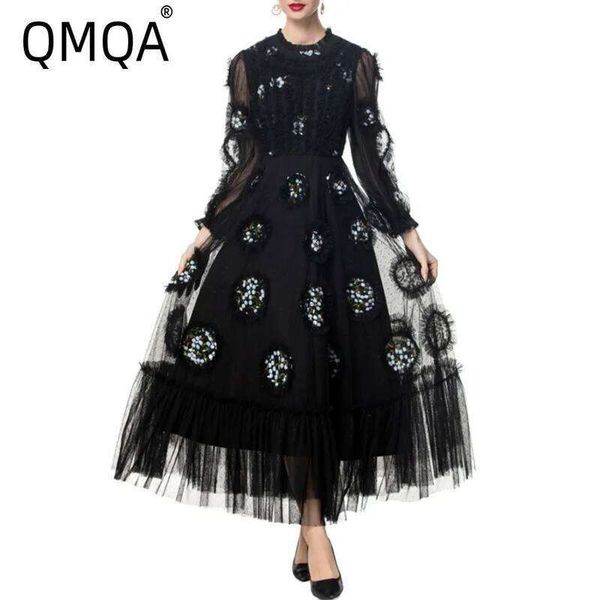 Fashion Women's Elegant Sequin Mesh Splicing Three-Dimensional Flower Long Sleeved Black Dresses Spring New Qm244
