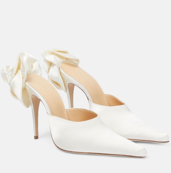25S Magda Butrym Applique Satin Mules Faux-Pearl Flower Slip-on Sandals Shoes High Heels Women Pumps Pointed Toe Evening Party Wedding Lady Elegant Walking