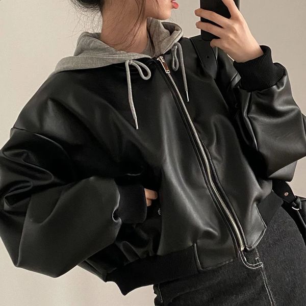 Patchwork Pu Leather Black Jacket Women American Fashion Zipper Loose Cropped Tops Lazy High Street Hip Hop Casual Racing Clothe 250122