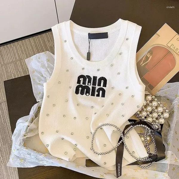 Women's Tanks Women Top Beaded Letters Embroidered Vest Sling Summer Tops 2025 Slim Sleeveless T-shirt