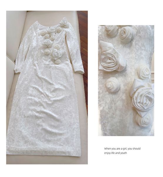 White 3D Flowers Velour Midi Dress