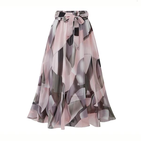2024 Summer Print Floral Skirts For Women Casual Loose Elastic Waist Plus Size Skirt Belt A-line Chiffon Beach Saias Midi Femme250206BJ