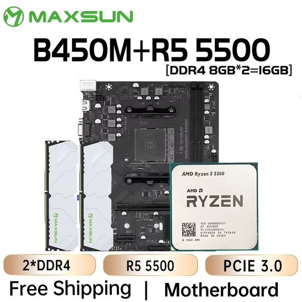 MAXSUN AMD B450M Game Motherboard Kit With CPU R5 5500 DDR4 8G*2=16G 3200MHz AM4 Mainboard M.2 NVME SATAIII Computer components