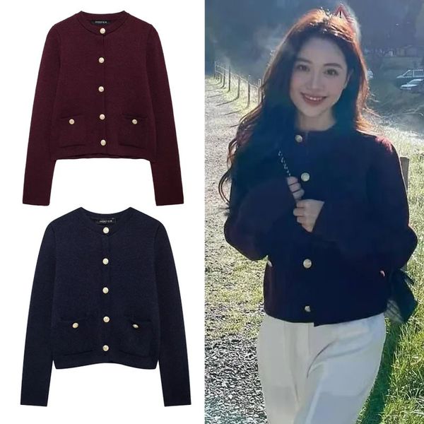 HXAO Women's Sweater Autumn Crop Knit Cardigan For Women Burgundy Blue Outerwears Long Sleeve Top Red Casual Coats