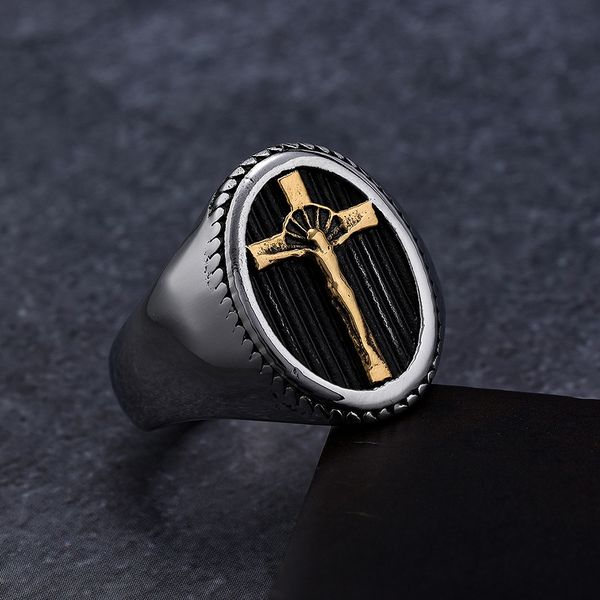 Hip Hop Men Classic Vintage Simple Jesus Cross Ring Titanium Steel Gold Plated Religious Jewelry