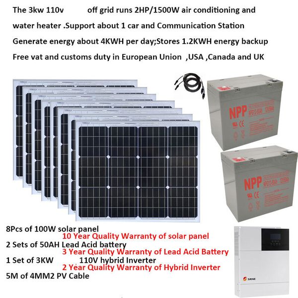 Solar System For Home Complete Kit 3000W 220V 110V PV Panel 100W UPS Hybrid Inverter Off Grid System Car Caravan Camping Rv