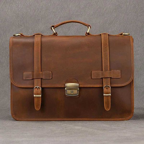 Vintage Genuine Leather Business Briefcase for Men Top-Grain Cowhide Shoulder Crossbody Messenger Bag Z250220