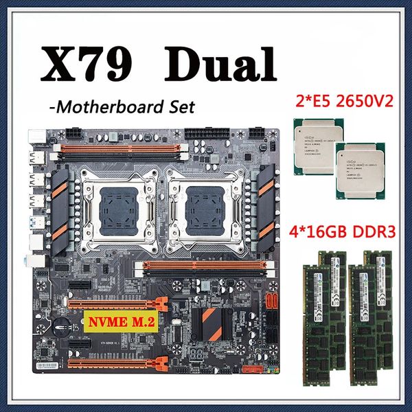 X79 Motherboard Set Dual CPU With 2*E5 2650V2 Processor LGA 2011 4*16GB=64GB 1600Mhz DDR3 RAM Support USB3.0 Sata3.0 PCI-E 3.0