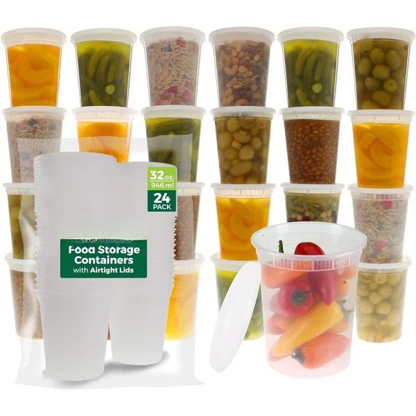 24 Set 8oz-32 Oz Plastic Deli Containers with Lids Slime Soup Meal Prep Containers | Microwave/Dishwasher/Freezer Safe 250224