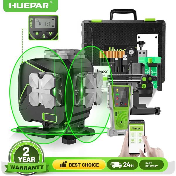 Huepar 3D 12 line laser horizontal green beam self leveling 360 cross line with LCD display screen remote laser receiver for tile flooring X250225
