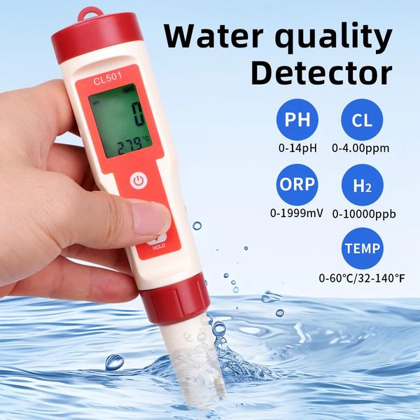 5 In 1 Chlorine Meter PH Meters ORP H2 Temp Cl2 Detector Water Quality Monitor Test Tool Filter for Swimming Pool SPA Water 250226