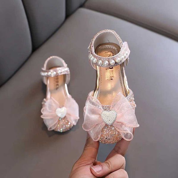 Summer Kids Pearl Bow Princess Sandals Girls Rhinestone Dress Shoes Children's Sequin Lace Dance Flats Sandals Size 21-36