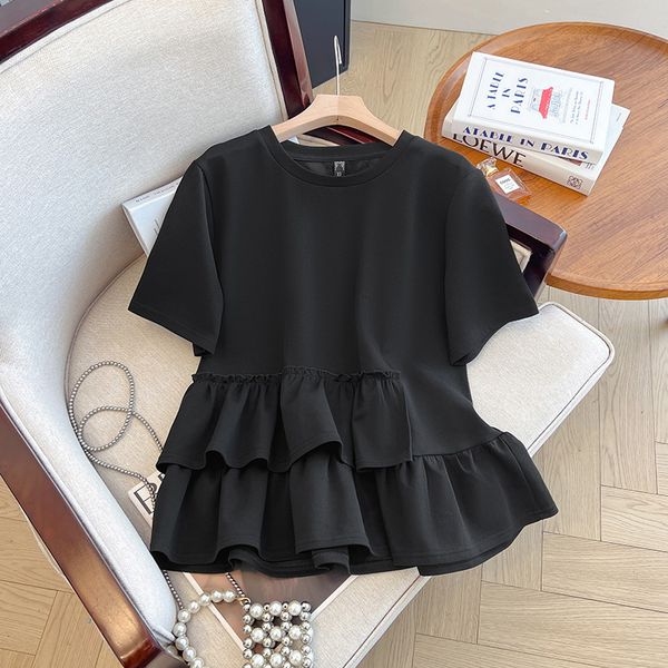 Plus size, women's front shoulder T-shirt for summer, loose fit and slimming, covering the belly with ruffled edges, top 3512, Black
Plus size, women's front shoulder T-shirt for summer, loose fit and slimming, covering the belly with ruffled edges, top 3512, Black