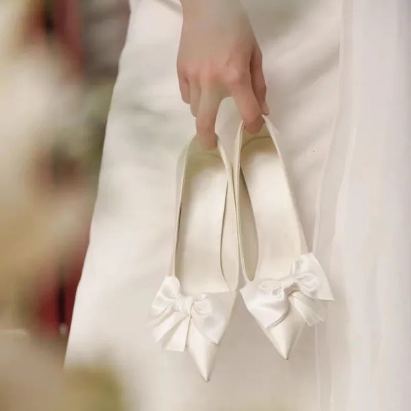 French Style White Satin High Heels Women's Spring Autumn Arrival Marriage Shoes Bride Bow Single Shoes Women's