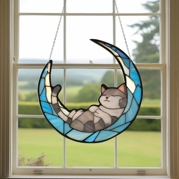 Moon Cat Stained Glass Style Acrylic Window Hanging Decoration Elegant Acrylic Window Decor Home and Garden Nature Lovers Gift 250604