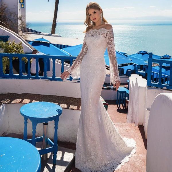 Customized Elegant Long Sleeves Lace Mermaid Wedding Dresses Off Shoulder Boho Bridal Gowns Appliques Bride Dress Vestido De Noiva