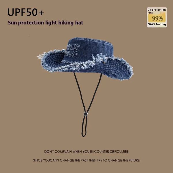 Wholesale Letter Tassel Denim Women Spring Summer Hiking Sun Protection Panama Beach Wide Side Bucket Hat for Men 250610