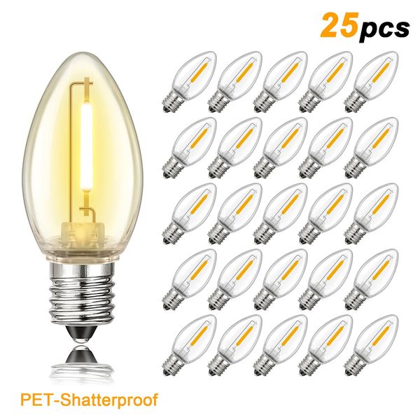 25PCS C7 1W Shatterproof Plastic Led Light Bulbs E12 Equal to 7W Incandescent Decor Bulb For Outdoor String Light Replace Bulbs 250609