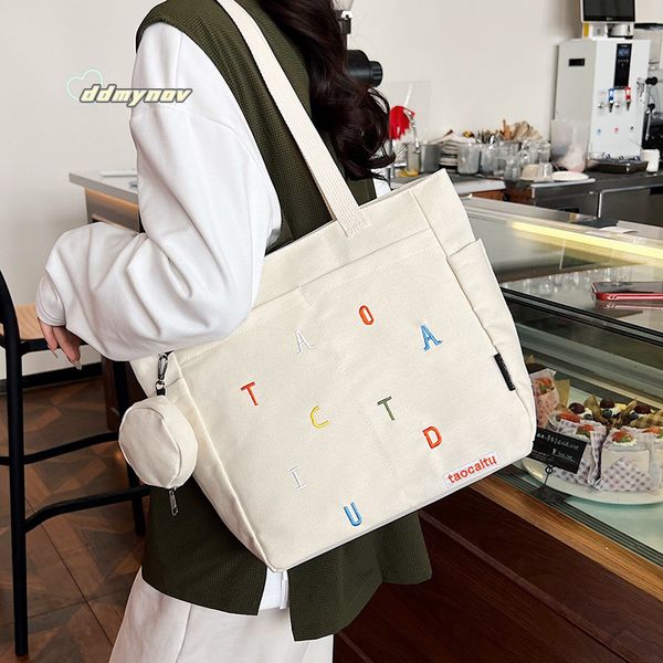 Design Embroidered Letter Versatile Commuter Canvas Tote Bag Casual Literary Student Shoulder Handbag dhmallking