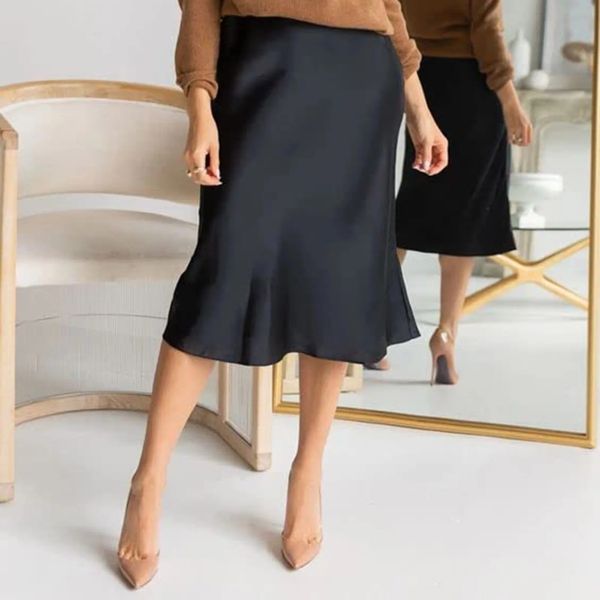 Skirts For Women Trendy Women's High Waist Midi Skirt Solid Satin Dress Zipper Elegant Summer Skirts Ropas De Mujeres