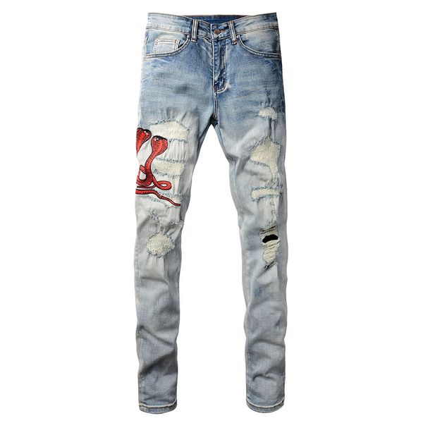 Men Red Snake y Denim Jeans Streetwear Holes — compare prices at CompareOffers