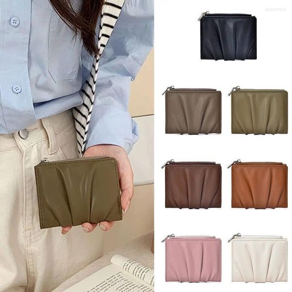 Card Holders Trendy PU Leather Women Wallets Solid Color Wrinkled Female Purses Portable