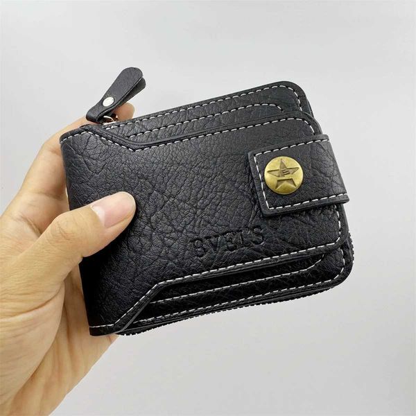 New Mens Wallet Bifold Zipper Wallet Coin Purse Brass Buckle Design PU Leather …