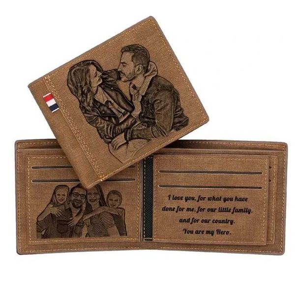 Engraving 2 Pictures Text Card Holder PU Leather Bifold Wallets Custom Photo En…