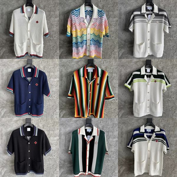 25ss casabalnc top quality handmade knit short sleeve t shirt men's designer letter embroidery print lapel pearl button knitted cardigan polo shirt sweater coats tn