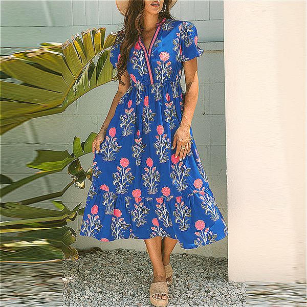 041 loose high waist long skirt for women European and American fashion retro floral print dress for women