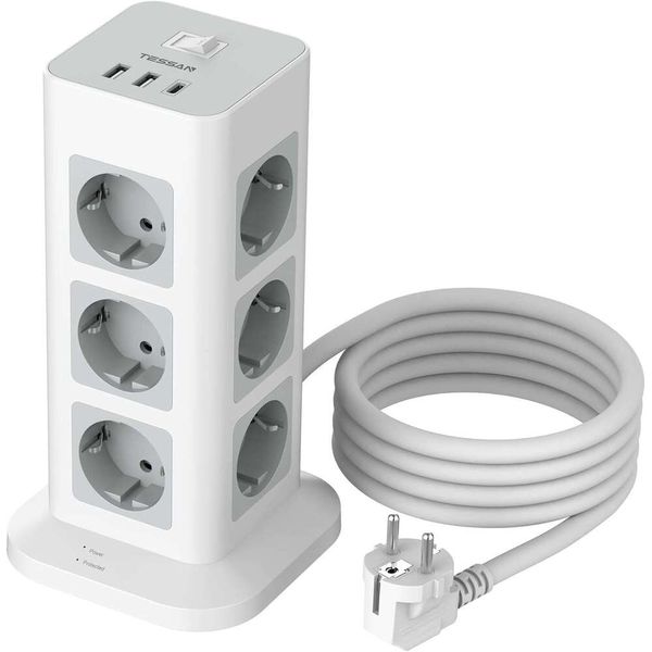 TESSAN Multiple Surge Protection 3600 W 16 12 Way C and USB A, Power Strip with Extension Cable 2 m, Tower Distribution Socket for Home, Grey