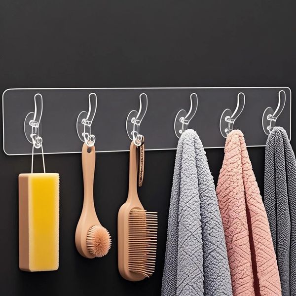 6Row Multipurpose Hooks Nail-free Transparent Holder Strong Self Adhesive Wall Hook Kitchen Bathroom Traceless Hanger Stickers 250624