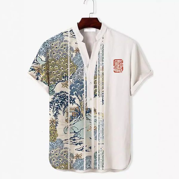 Men's Summer Shirts Short Sleeve Shirt Casual Style New 3D Digital Heat Transfer Printed Animal Landscape Pattern 3-Button Stand Collar Short Sleeve Shirt
