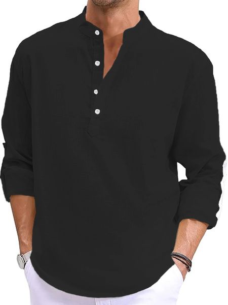 Men's Linen Long Sleeve Tshirt Cotton Shirts Lightweight Streetwear Solid Colour Loose Casual Breathable Shirt 250624 34C