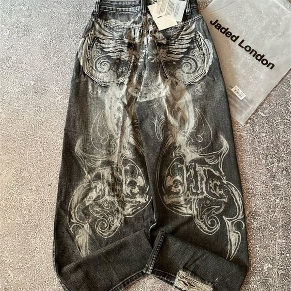 Y2K American Hole Oversized Printing Washed Old Casual Jeans Men Punk Fashion Vintage Hip Hop High Waist Wide Leg Pants