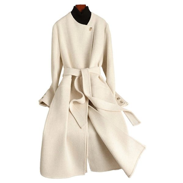 D6057 New autumn and winter double-faced wool coat, extended style, over-knee lace-up, slim fit, high-end feel