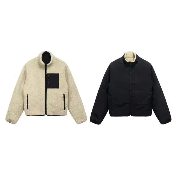 Men's Women Reversible Jacket Cotton Warm Coats Letter Black No 8 Billiard Embroidered Lapel Oversized Zipper