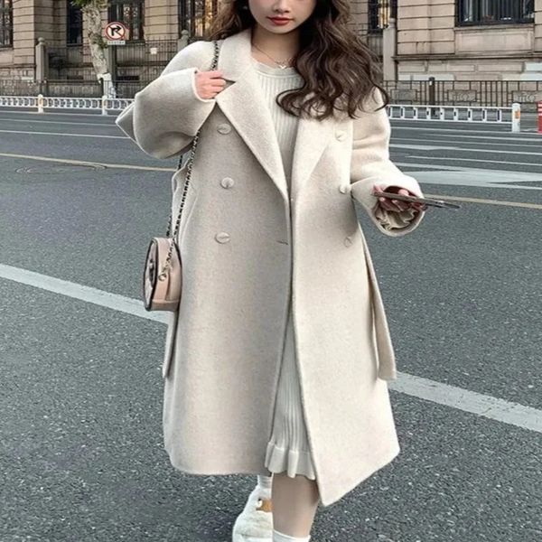 Korean Fashion Womens Casual Loose Wool Coat Elegant and Unique Solid Long with Warm 240826wtt