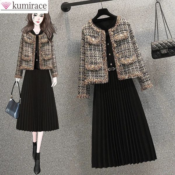 Korean Autumn Plaid Splice Knitted Jacket Coat Long Sleeve Pleated Dress Two Piece Elegant Womens Skirt Set 240729wtt