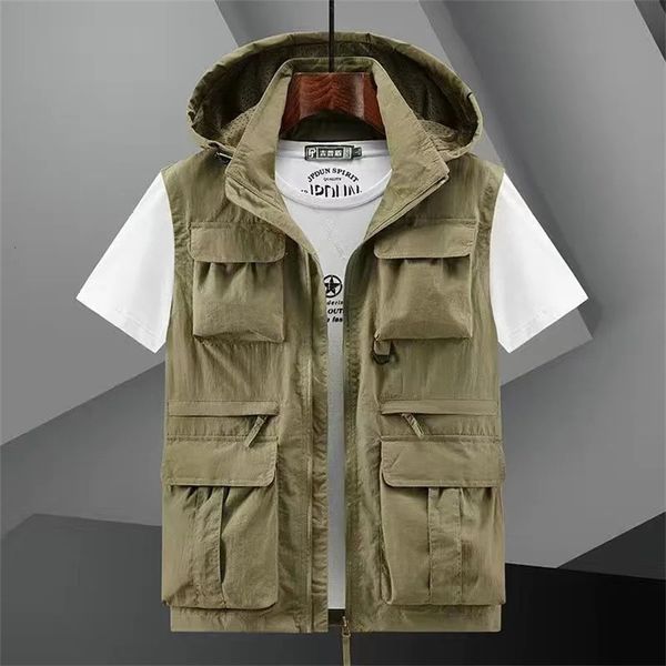 Hooded Vest Mens MultiPocket Loose Workwear Sleeveless Jacket Men Hiking Fishing Reporter Cargo Tool Waistcoat Big Size 6XL 251008BJ
