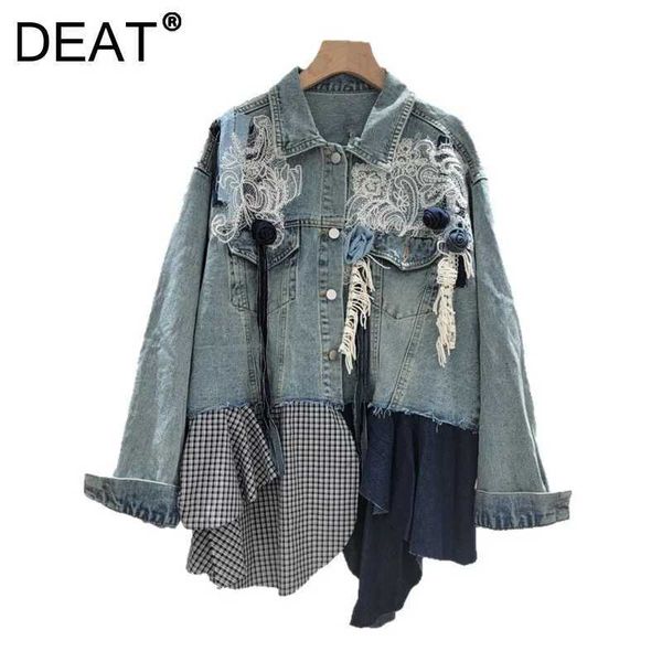 Deat Womens Denim Coat Patchwork Irregular Tassel Lace Plaid Flowers Single Bre…