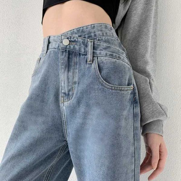 High Waist Straight Leg Jeans Womens Thin Design Asymmetrical Slant Button Slim…