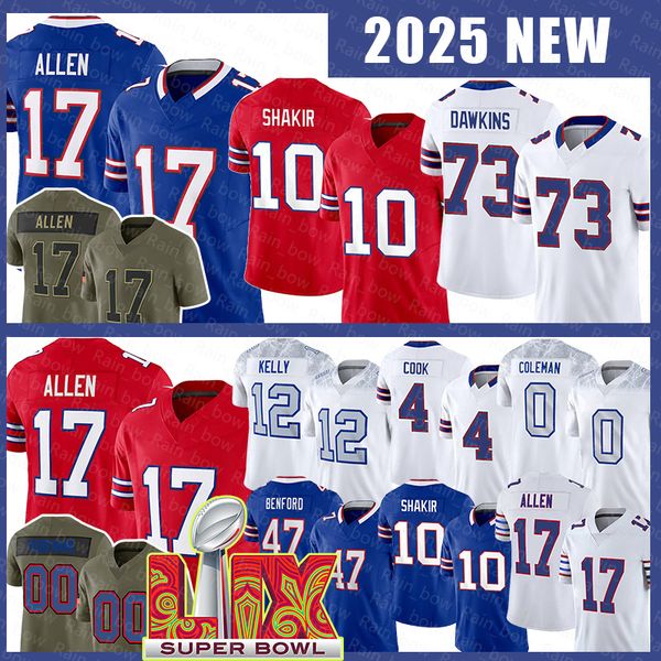 17 Josh Allen Football Jerseys Joey Bosa Dion Dawkins Khalil Shakir 12 Jim James Cook Keon Coleman Christian Benford Dalton Kincaid Greg Rousseau Dawson Knox