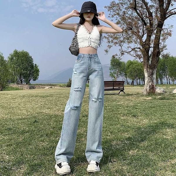 Loose Straight Leg High Waist Casual Distressed Denim Pants Women 2025 New Over…
