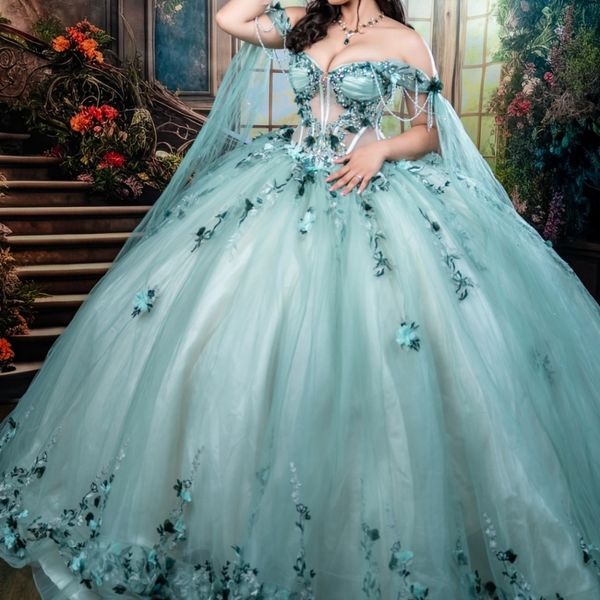 Light Green Quinceanera Dresses Off The Shoulder Applique Flower Beads Tull Corset Party Birthday Sweet 16 Dres Vestidos 15 De Anos