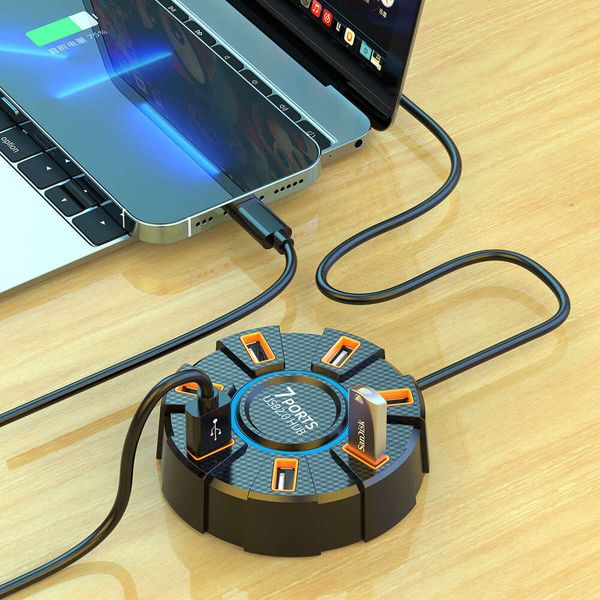 Colorful Atmosphere Lamp High-Speed 7-Port 2.0 Hub One-to-Seven Expansion Dock with External Power
