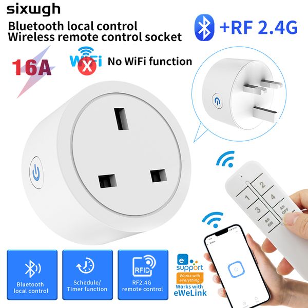 SIXWGH Bluetooth & RF 2.4G Wireless Smart Socket, 16A UK Plug, No WiFi Needed, Local Control & Timing, eWeLink Support, for Home/Factory/Motor